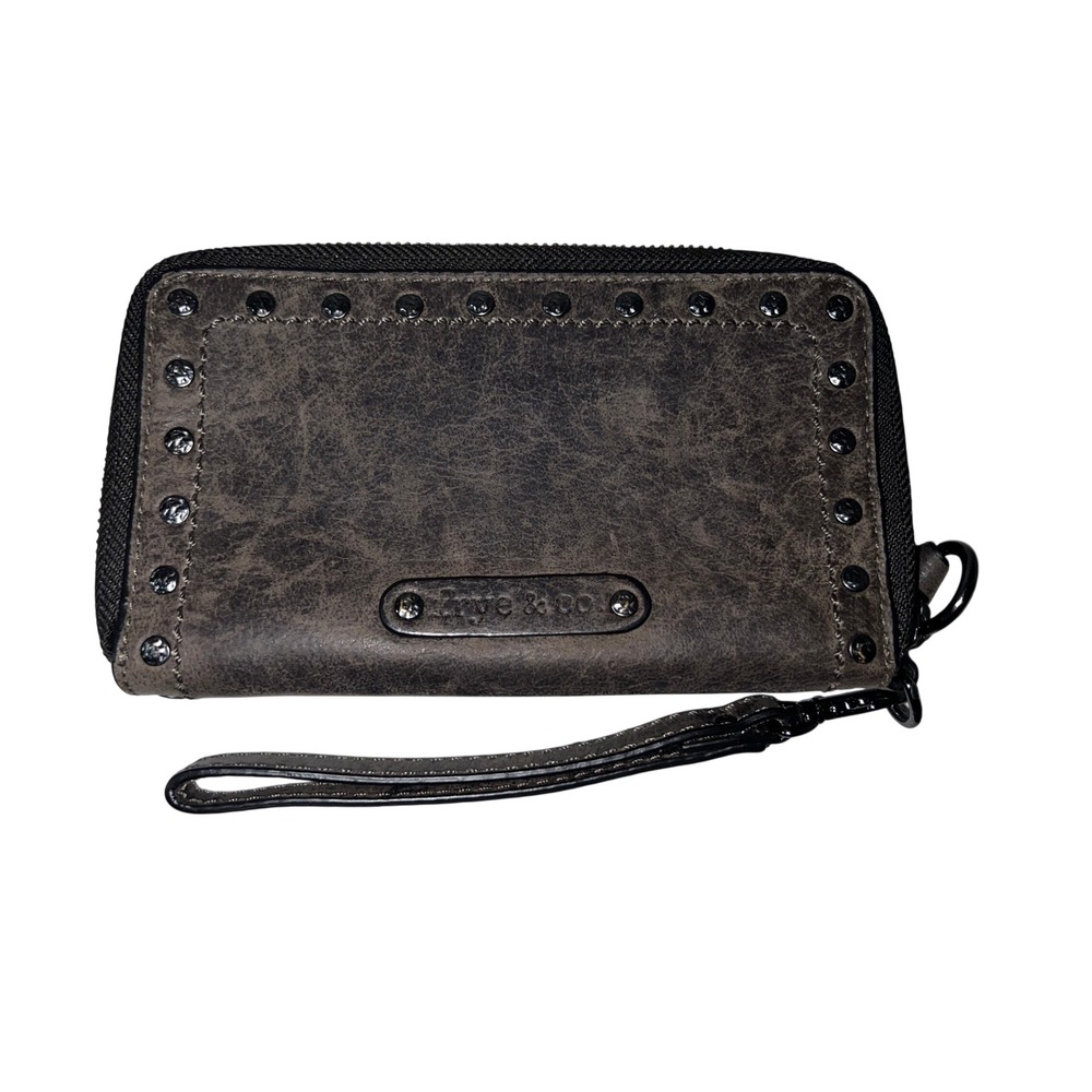 Frye & Co Dark Brown Distressed Leather Studded Zip Around Wristlet Wallet